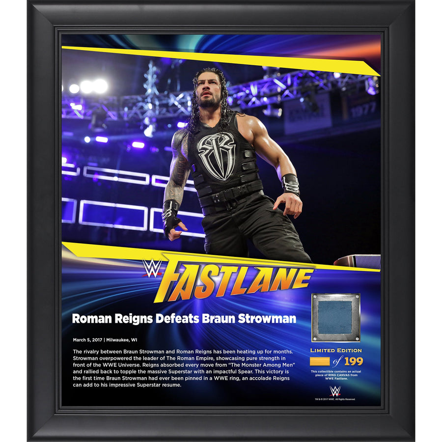 Roman Reigns Framed 15" x 17" 2017 Fastlane Collage with a Piece of Match-Used Canvas - Limited Edition of 199