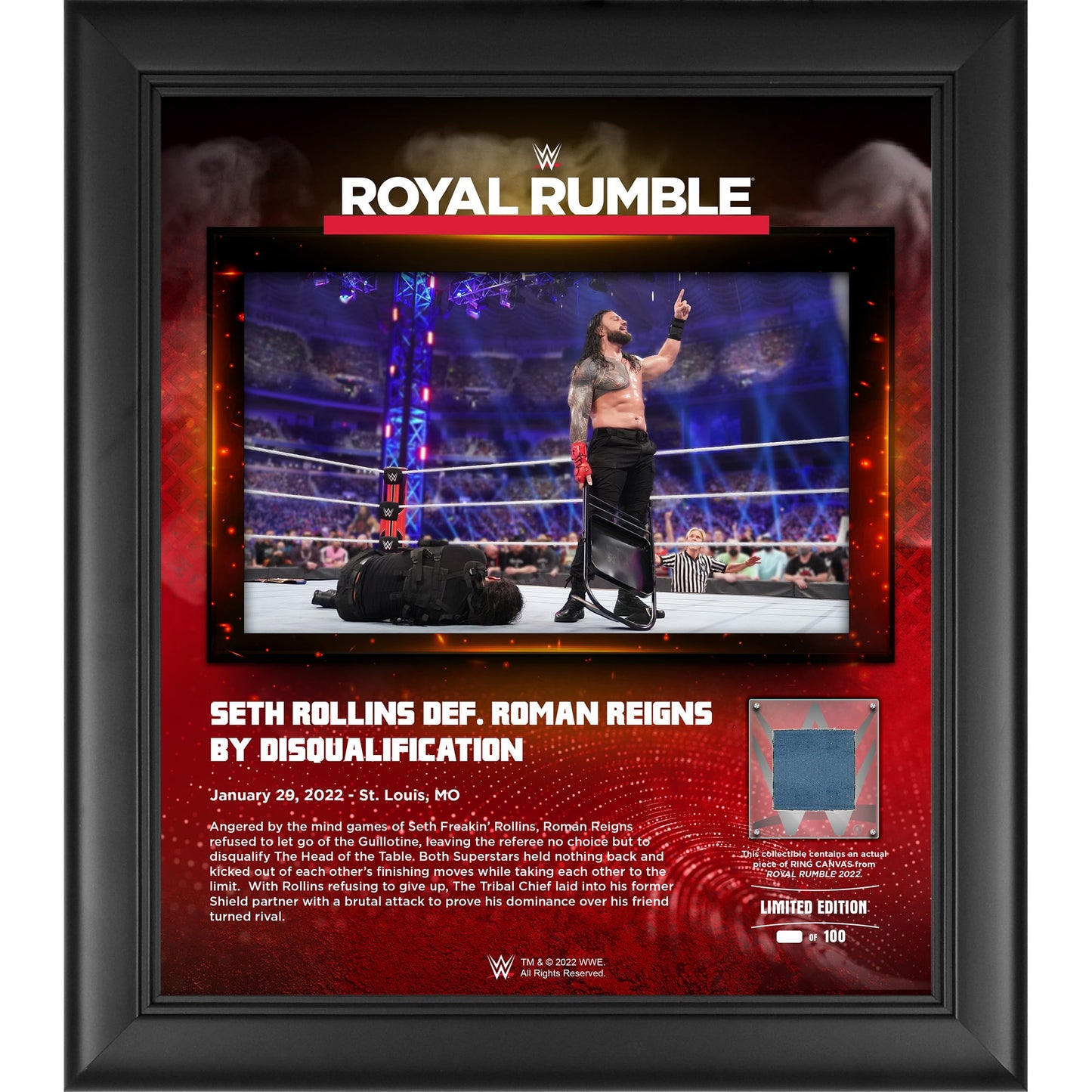 Roman Reigns WWE Framed 15'' x 17'' 2022 Royal Rumble Collage with a Piece of Match-Used Canvas - Limited Edition of 100