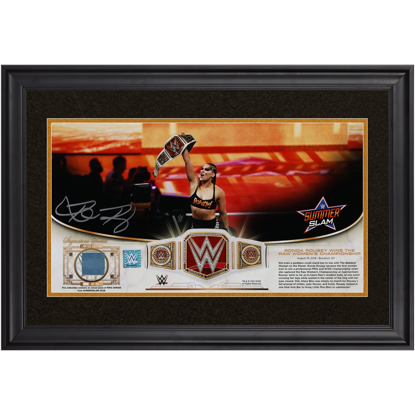 Ronda Rousey WWE Autographed Framed 10" x 18" Golden Moments Signature Series 2018 SummerSlam Collage with a Piece of Match-Used Canvas - Limited Edition of 99