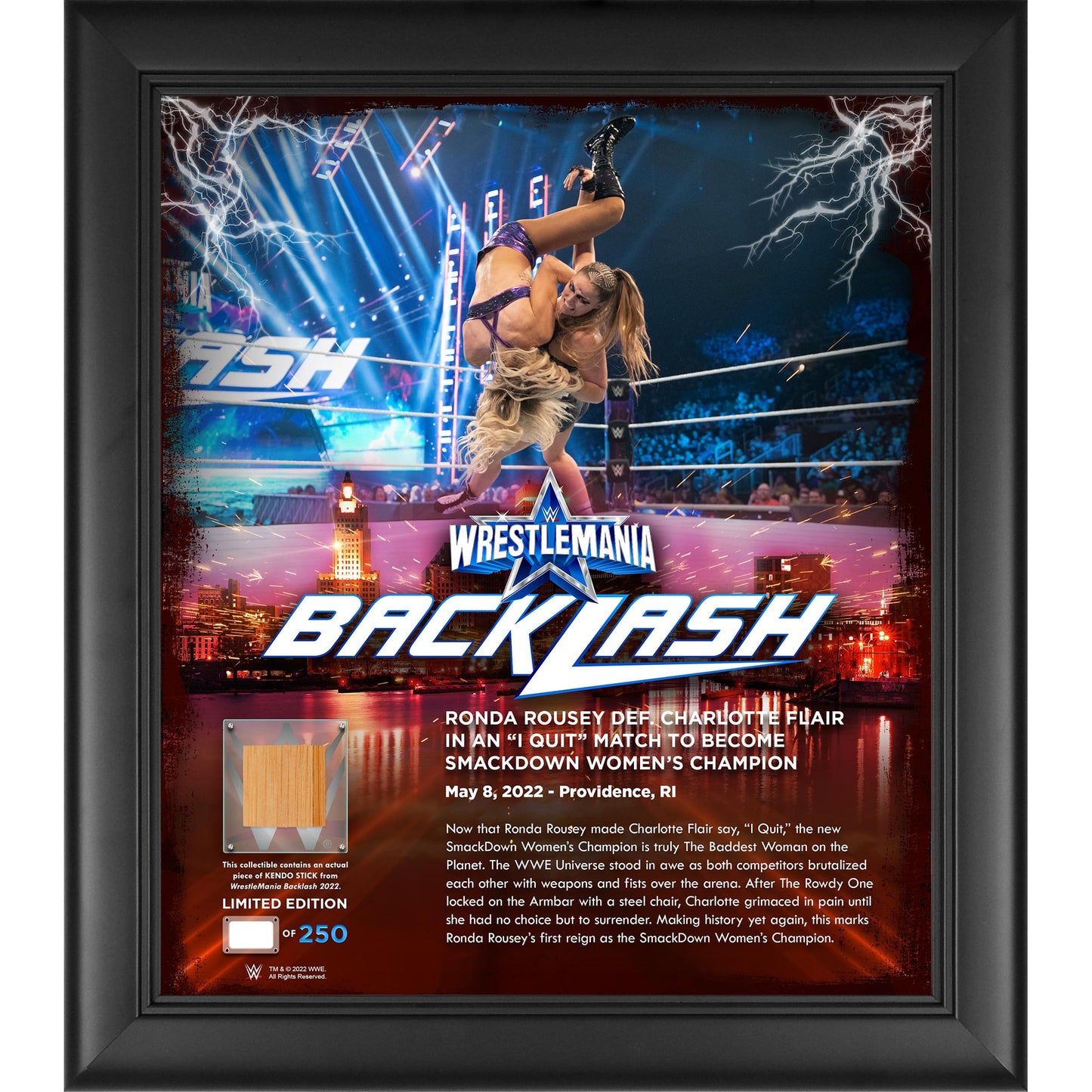 Ronda Rousey WWE Framed 15'' x 17'' 2022 WrestleMania Backlash Core Frame with a Piece of Match-Used Kendo Stick - Limited Edition of 250
