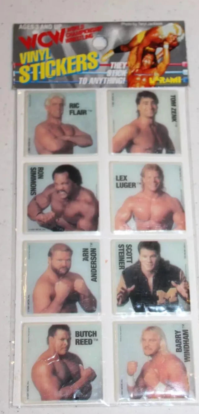 1991 Larami WCW Jumbo Vinyl Stickers (set of 18 on 3 cards)