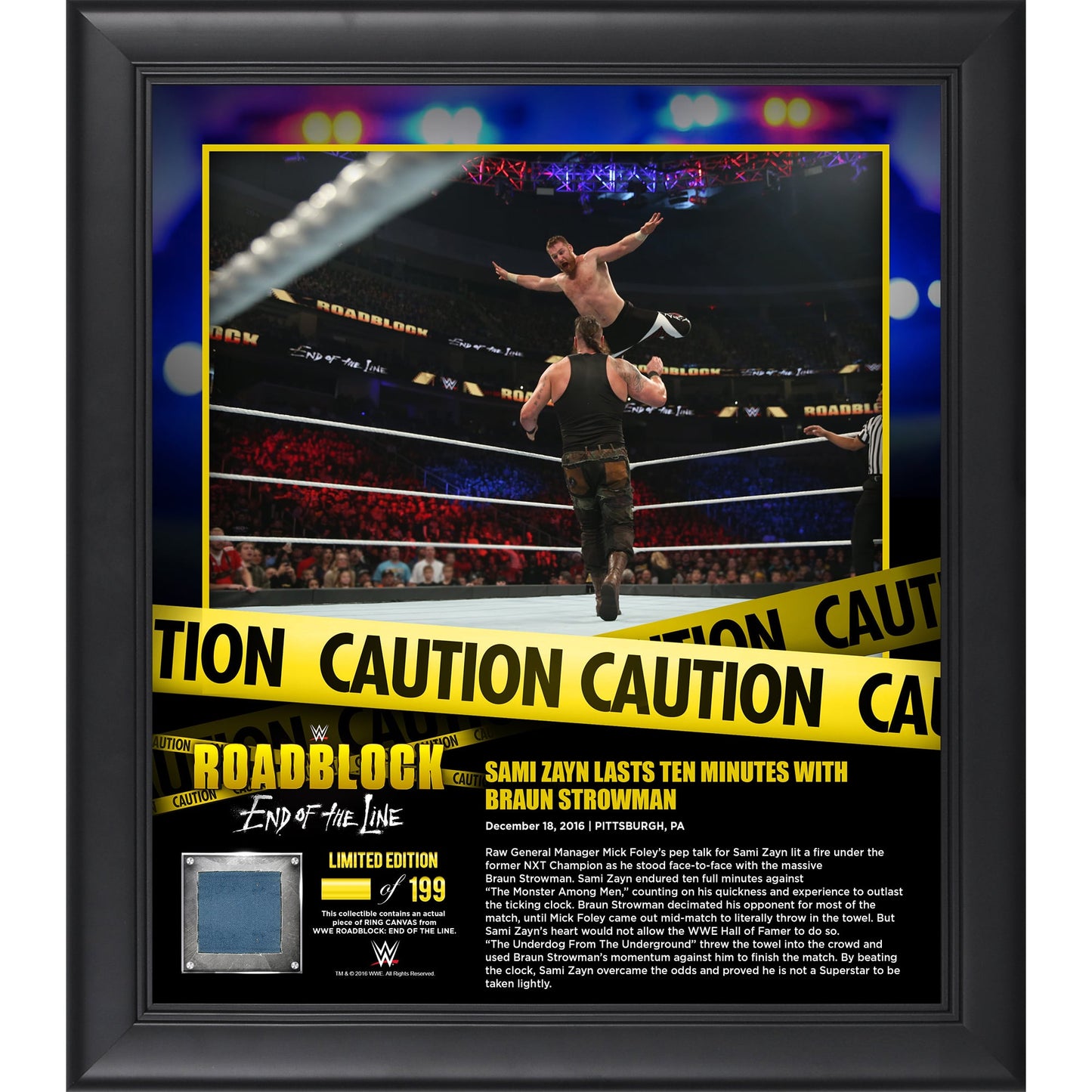 Sami Zayn Framed 15" x 17" 2016 Roadblock Collage with a Piece of Match-Used Canvas - Limited Edition of 199