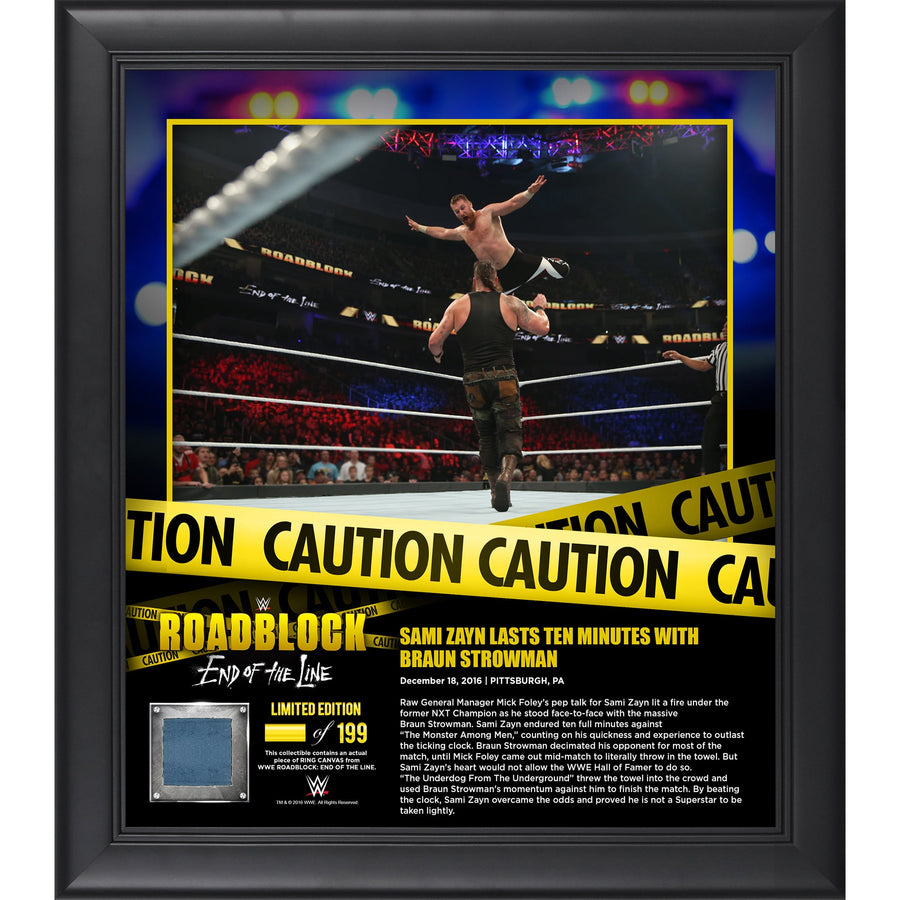 Sami Zayn Framed 15" x 17" 2016 Roadblock Collage with a Piece of Match-Used Canvas - Limited Edition of 199