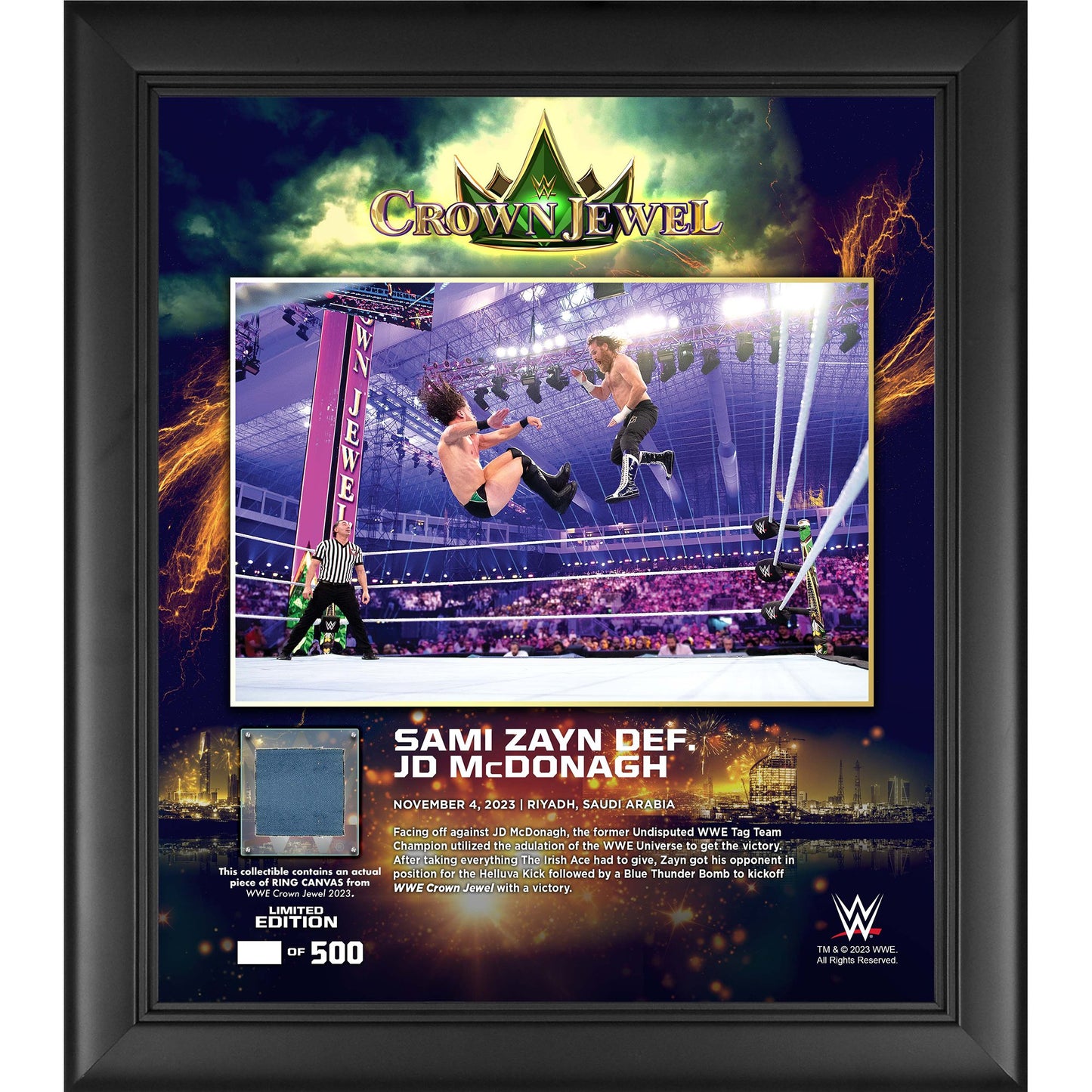 Sami Zayn WWE Framed 15" x 17" 2023 Crown Jewel Collage with a Piece of Match-Used Canvas - Limited Edition of 500