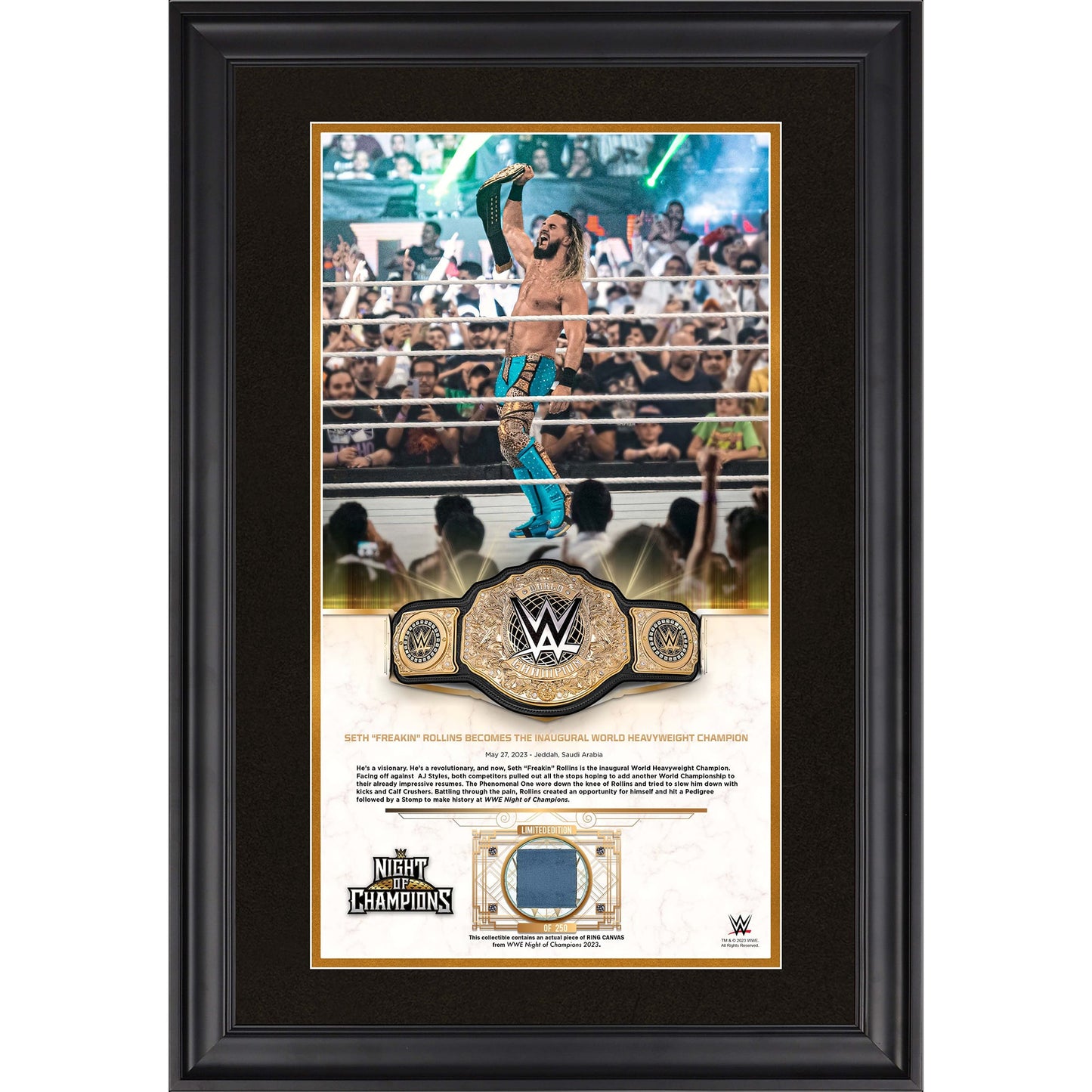 Seth "Freakin" Rollins WWE Framed Golden Moments 10" x 18" 2023 Night of Champions Collage with a Piece of Match-Used Canvas - Limited Edition of 250
