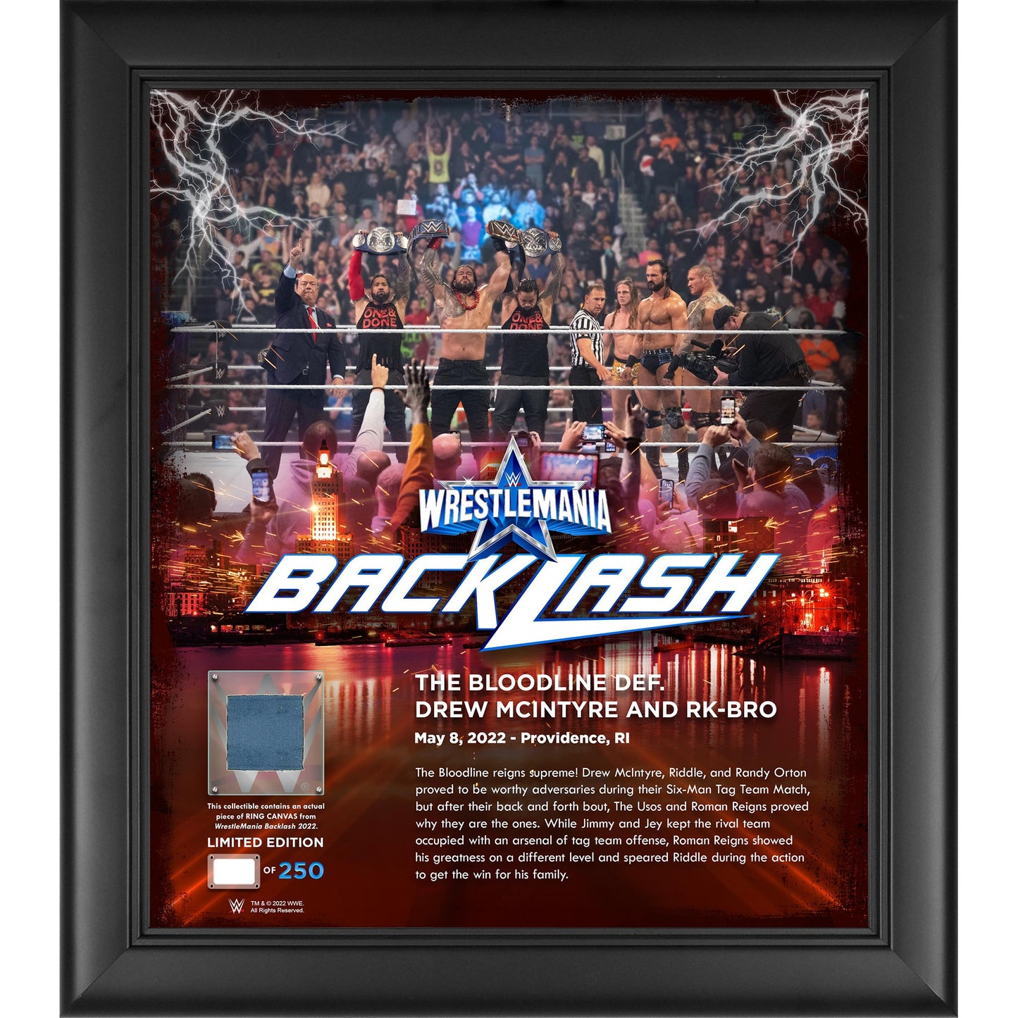 The Bloodline WWE Framed 15'' x 17'' 2022 WrestleMania Backlash Core Frame with a Piece of Match-Used Canvas - Limited Edition of 250