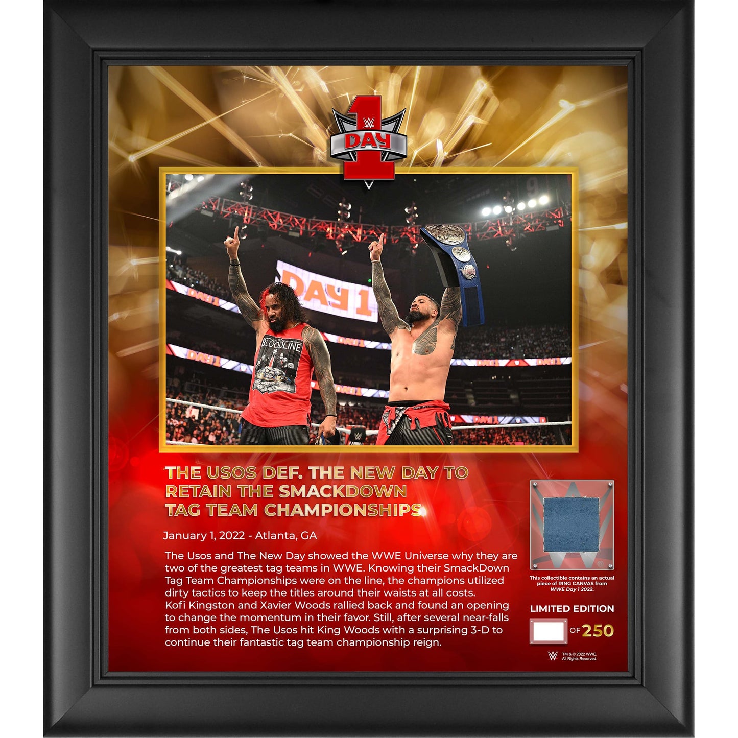 The Usos Framed 15" x 17" 2022 Day 1 Collage with a Piece of Match-Used Canvas - Limited Edition of 250