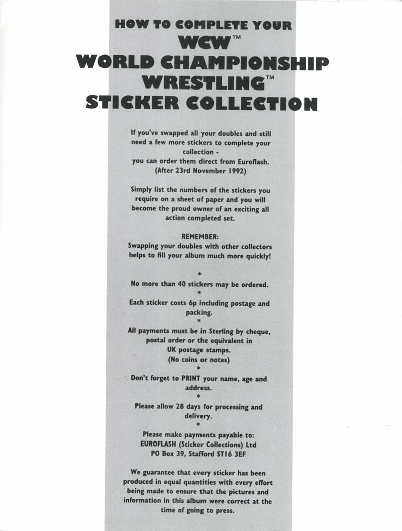 WCW Stickers Album 1992 UK Exclusive Stickers Album PW Catalog