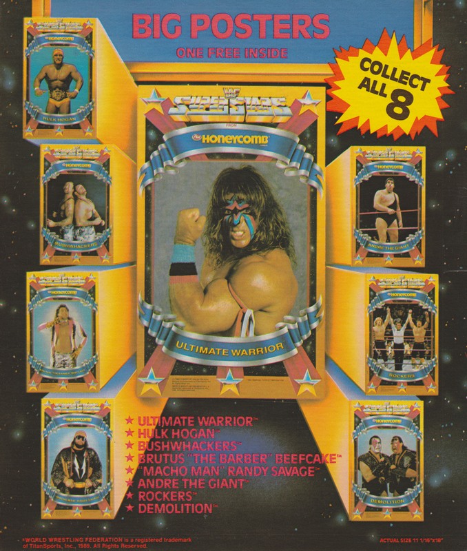 1989 Honeycomb Cereal WWF Big Posters Set w/Box back(8) Nm (Factory Folds) approx 2017 value:$100 PW Catalog