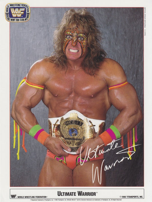 WWF-Promo-Photos1990-WWF-CHAMPION-Ultimate-Warrior-color-pre-printed-autograph-