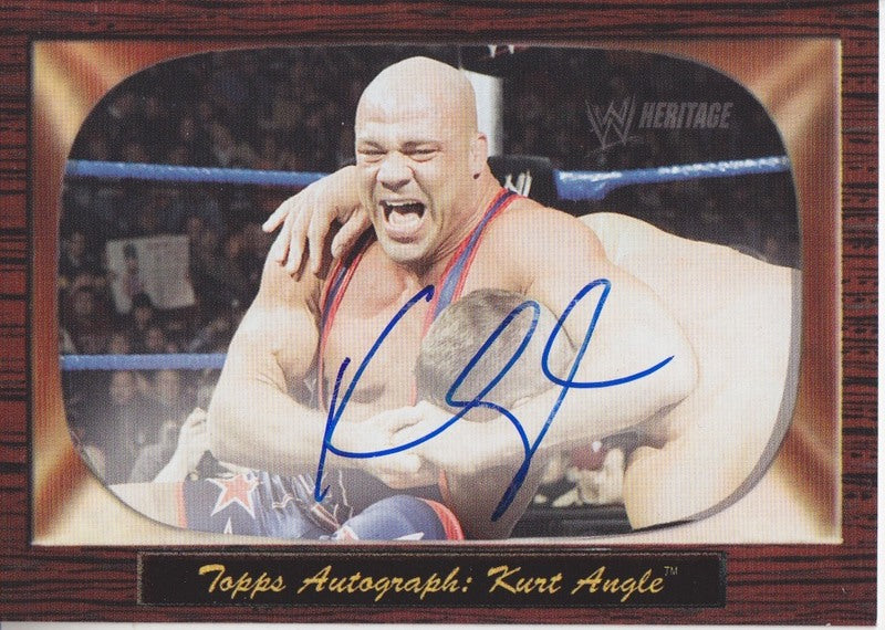 2005 Topps WWE Heritage Kurt Angle Autograph 2017 approx value:$50 (complete set of 17 w/ both signed/unsig Flair) 2018 value of set:$1500 PW Catalog