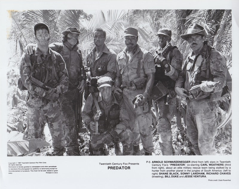 First Predator Cast 1987 Predator cast photo w/Jesse Ventura b/w – PW Catalog