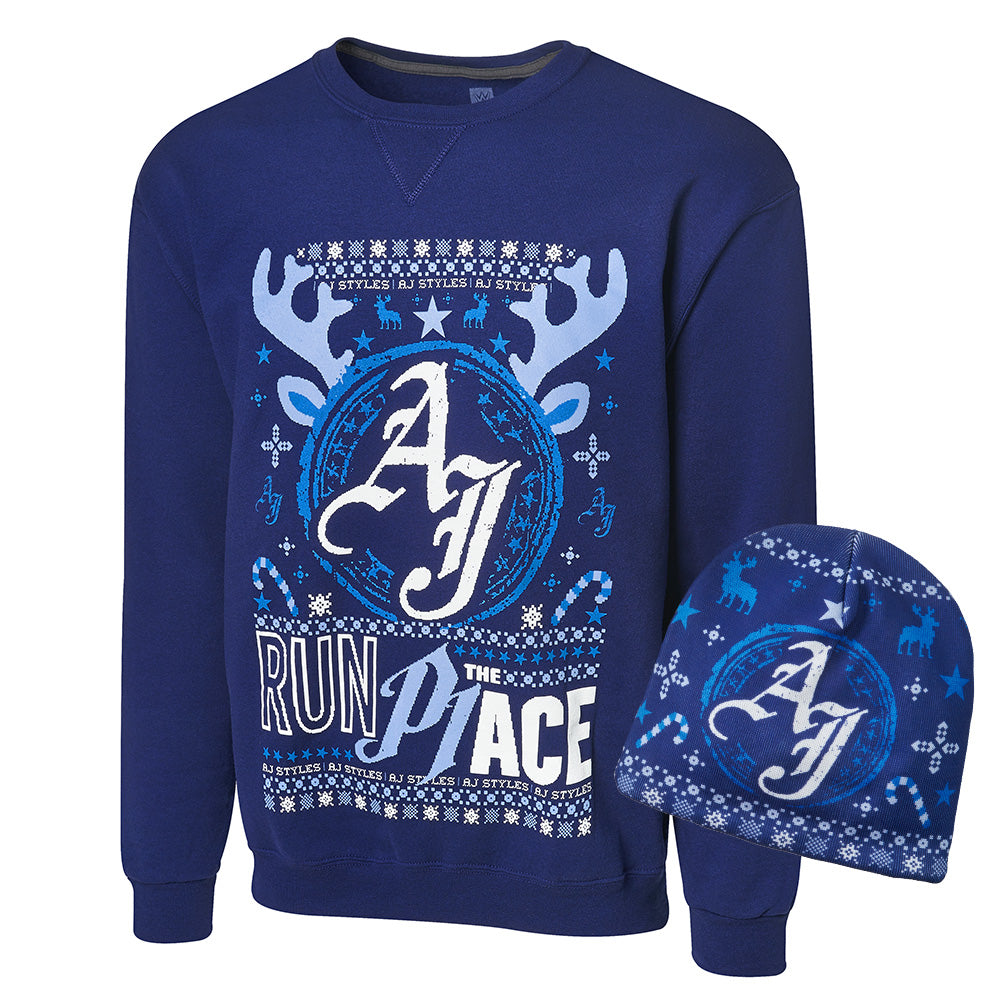 AJ Styles Ugly Holiday Sweatshirt & Beanie Package Pwcatalog