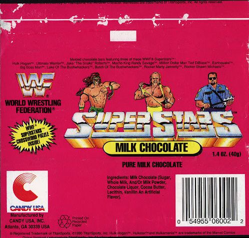 WWF Milk Chocolate bar Hulk Hogan, Ultimate Warrior & Big Boss Man Candy USA 1991 PWcatalog