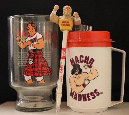 Macho Madness mug, Roddy Piper glass Hulk Hogan pencil