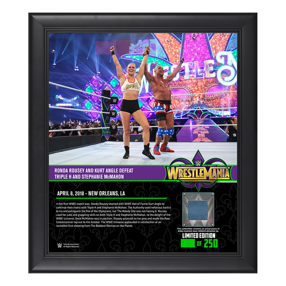 Ronda Rousey & Kurt Angle WrestleMania 34 15 x 17 Framed Plaque w Ring Canvas