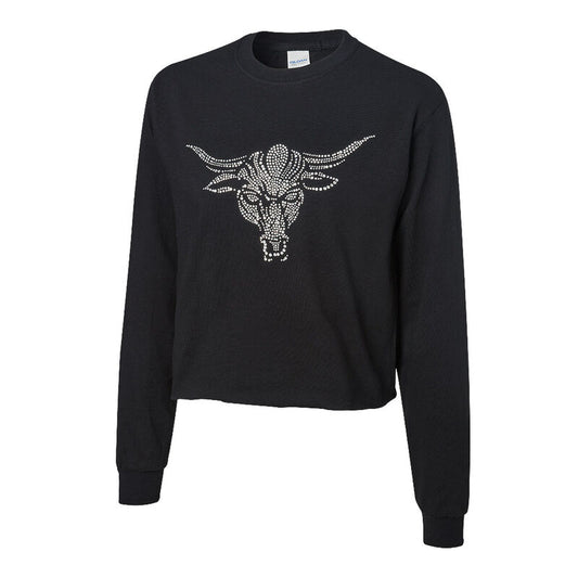 The Rock Brahma Bull Women's Rhinestone Bling Long-Sleeve Cropped Shirt