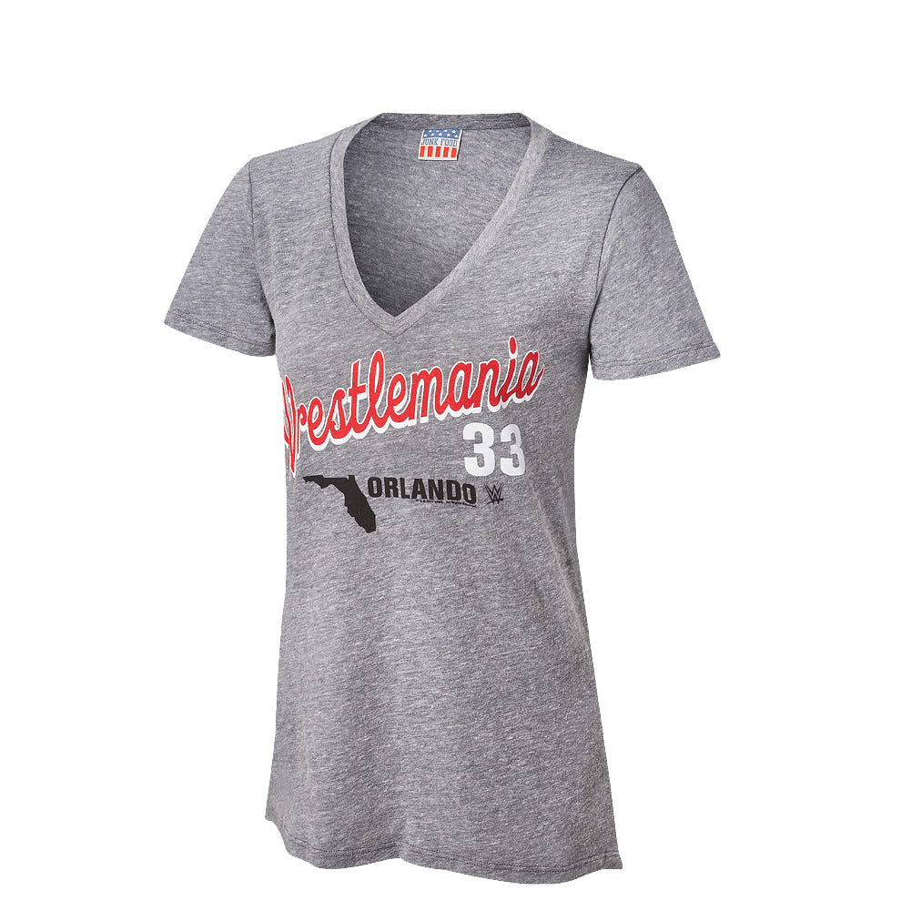 WrestleMania 33 Junk Food Women's Steel Grey V-Neck T-Shirt Pwcatalog
