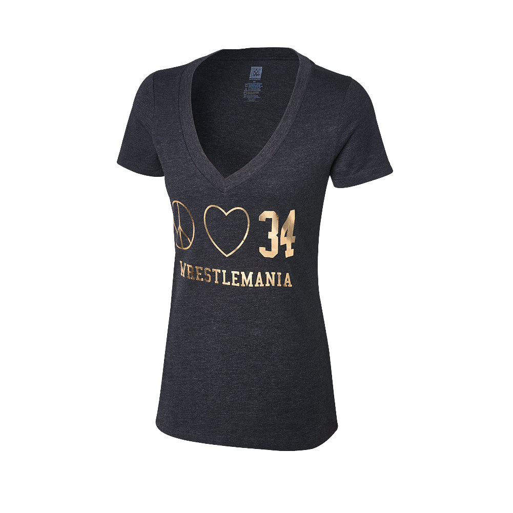 WrestleMania 34 Peace, Love, Mania Women's V-Neck T-Shirt Pwcatalog
