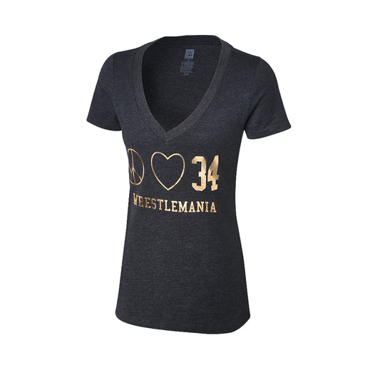WrestleMania 34 Peace, Love, Mania Women's V-Neck T-Shirt Pwcatalog
