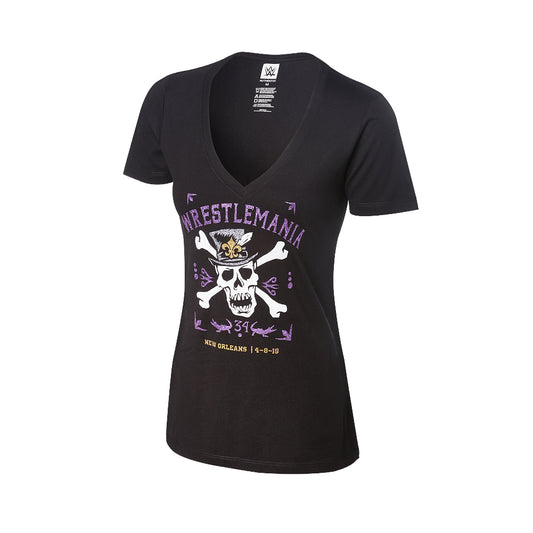 WrestleMania 34 Skull Black Women's V-Neck T-Shirt Pwcatalog