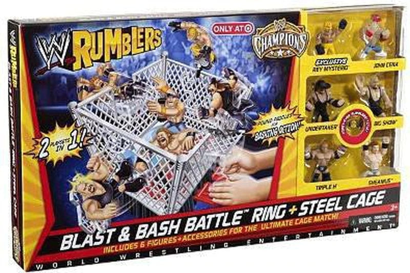 WWE Mattel Rumblers 1 Blast & Bash Battle Ring & Steel Cage [With Rey Mysterio, John Cena, Undertaker, Big Show, Triple H & Sheamus, Exclusive] Action & Toy Figures PWcatalog