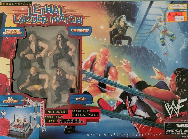 1999 WWF Jakks Pacific Brawl-4-All Lethal Ladder Match: Stone Cold Steve Austin, Undertaker, B.A. Billy Gunn [Without Logo] & X-Pac [Without Logo] Action & Toy Figures PWcatalog
