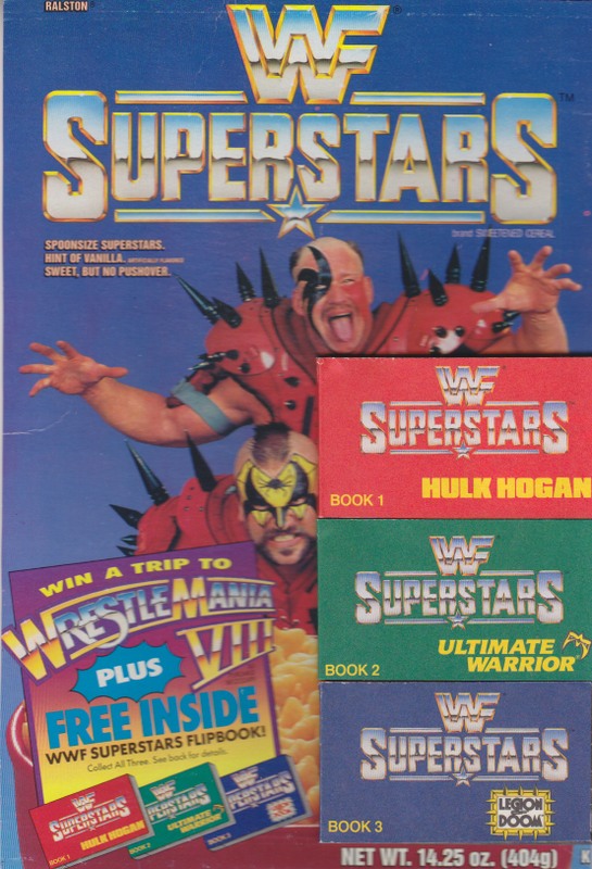 1991 WWF Superstars Cereal Ralston Purina Flip Books set (3)w/cereal box front approx 2017 value:$50 PW Catalog