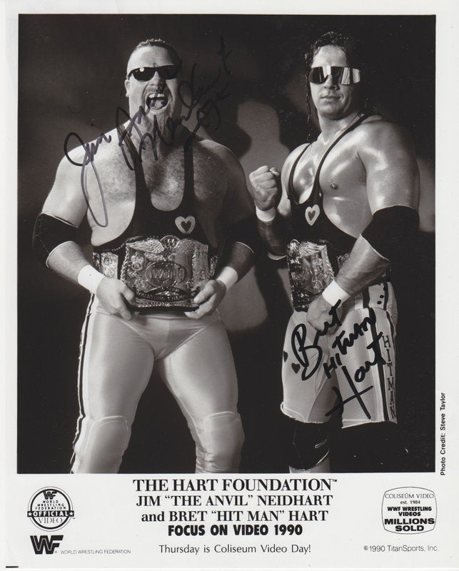 1990 WWF TAG TEAM CHAMPIONS Hart Foundation (signed by both) Coliseum Video PWcatalog