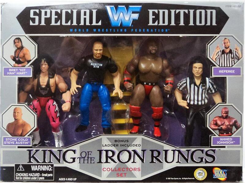 1997 WWF Jakks Pacific Special Edition King of the Iron Rungs Box Set: Bret "Hit Man" Hart, Stone Cold Steve Austin, Referee & Ahmed Johnson [Exclusive] Action & Toy Figures PWcatalog