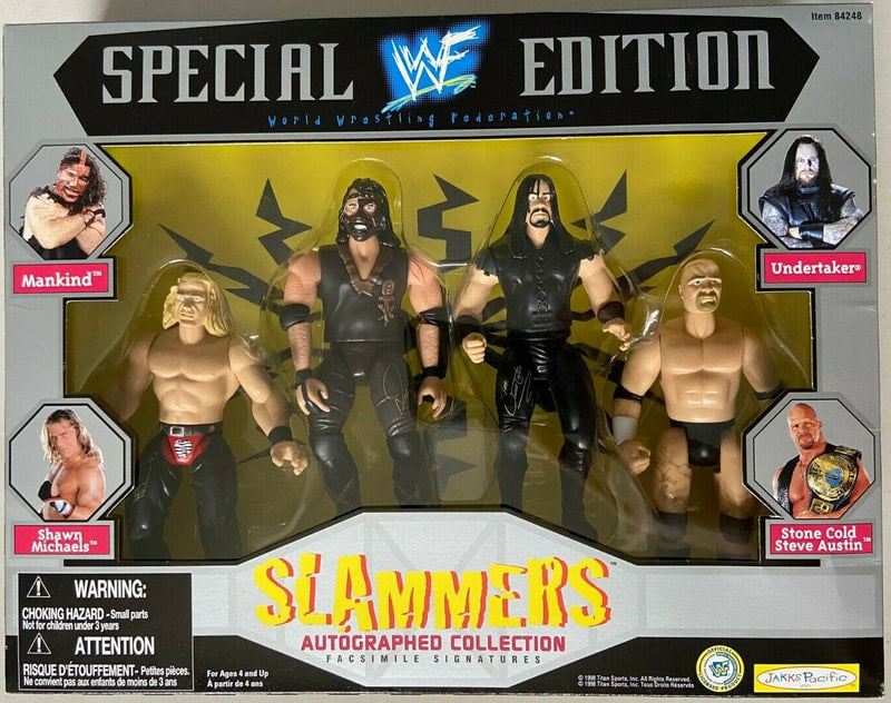 1998 WWF Jakks Pacific Slammers Autographed Collection Box Set: Mankind Shawn Michaels, Undertaker & Stone Cold Steve Austin [Exclusive] Action & Toy Figures PWcatalog