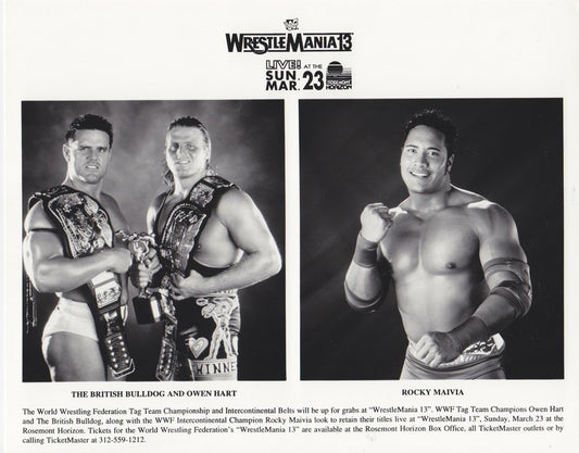 WWF-Promo-Photos1997-Wrestlemania-13-WWF-Tag-Team-Champions-Bulldog-Owen-Hart-The-Rock-