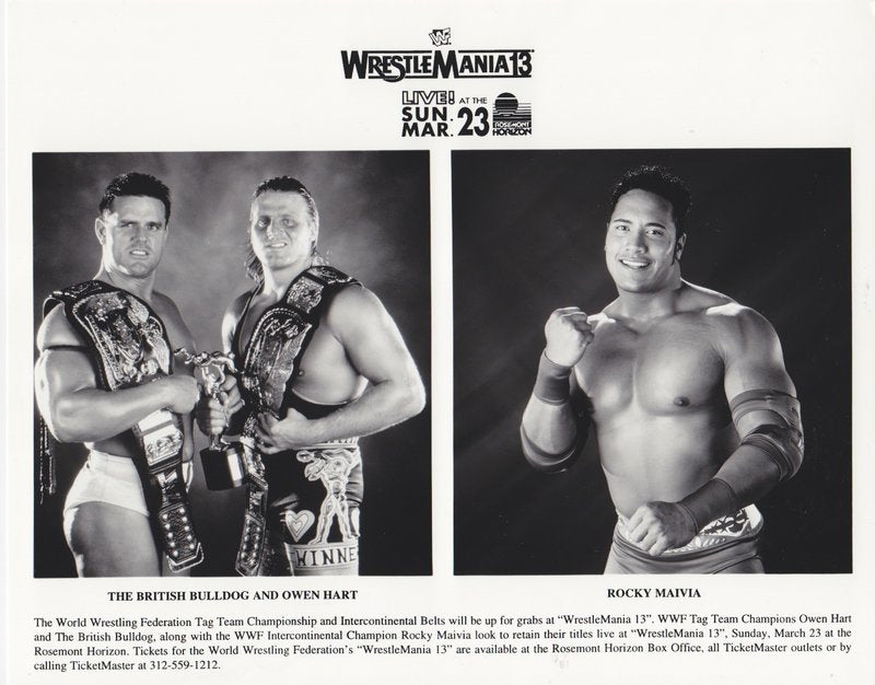 1997 Wrestlemania 13 WWF Tag Team Champions Bulldog Owen Hart w/The Rock PWcatalog